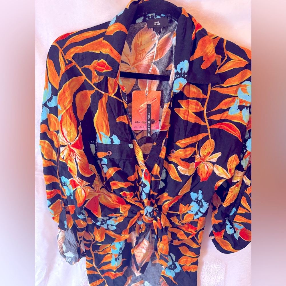 RIVER ISLAND Black Tropical Oversized Top and Mini Skirt Set - Picture 11 of 15